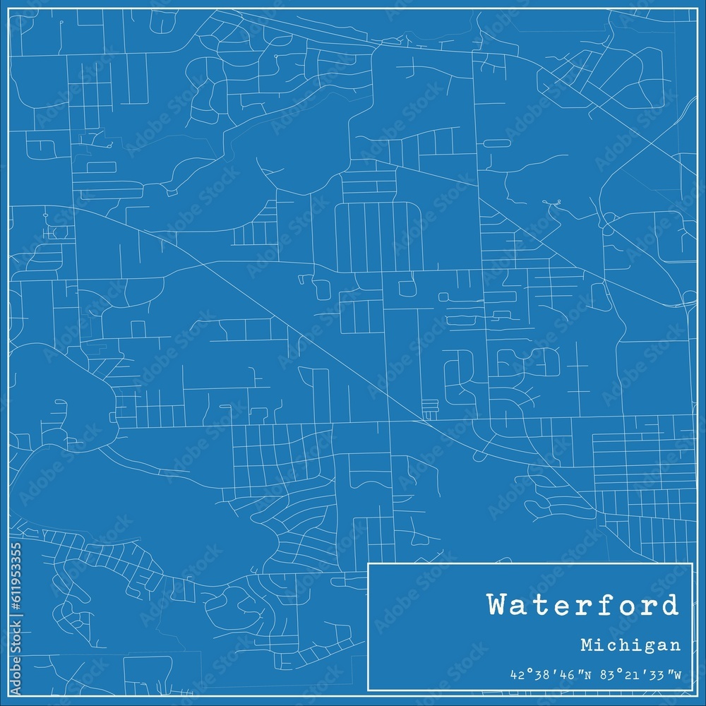 Blueprint US city map of Waterford, Michigan.