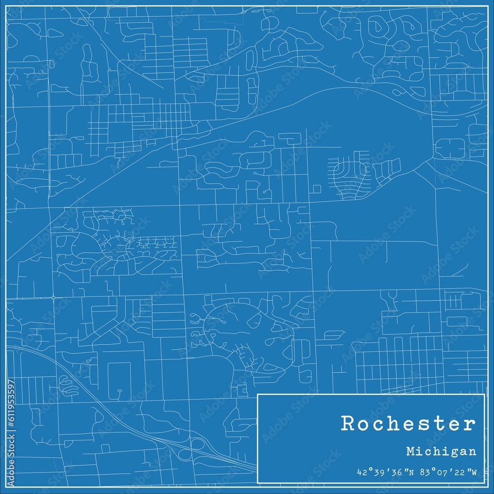 Blueprint US city map of Rochester, Michigan.