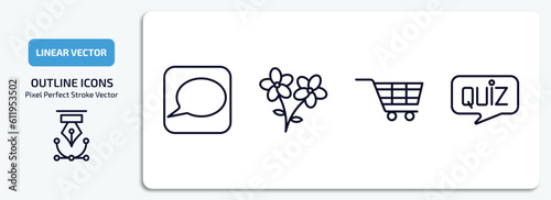 general outline icons set. general thin line icons pack included message app  daisy bouquet  shopping trolley  quiz vector.