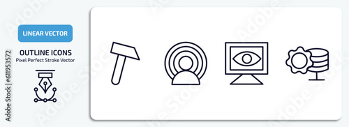 general outline icons set. general thin line icons pack included sledgehammer, brand awareness, computer vision, data engineering vector.