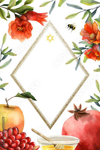 Rosh Hashanah greeting card template watercolor illustration isolated on white background for Jewish New year. Suits for A6 format. Copyspace, pomegranates, honey, apple, star of David and red flowers