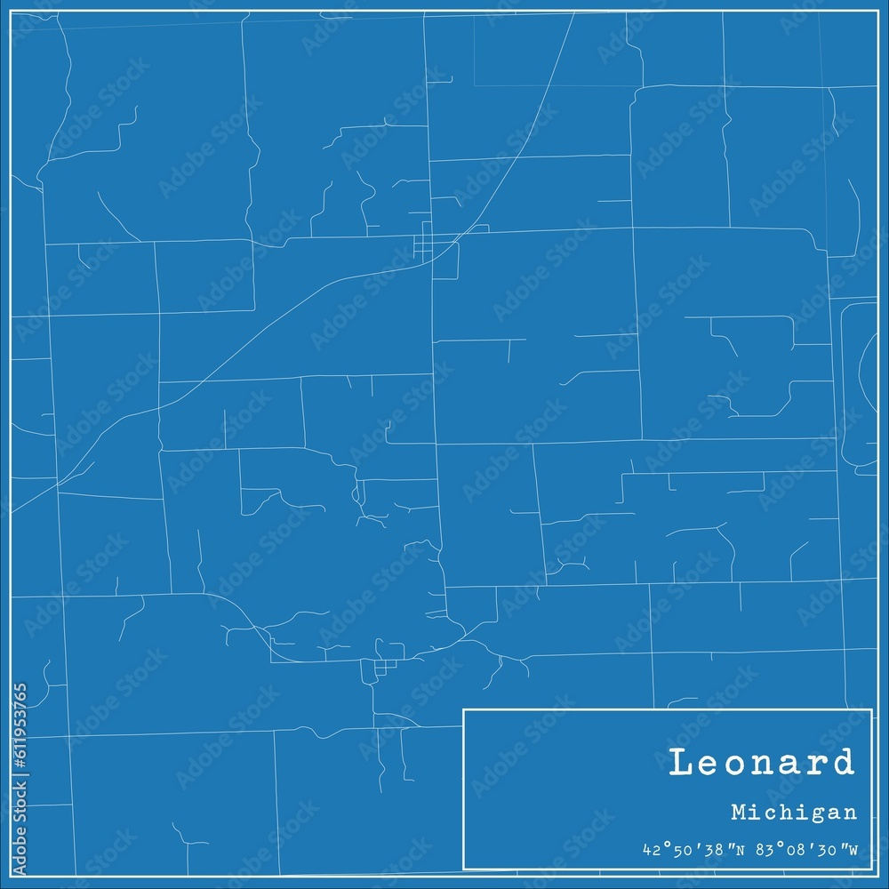 Blueprint US city map of Leonard, Michigan.