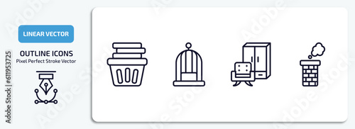 furniture & household outline icons set. furniture & household thin line icons pack included laundry hamper, bird cage, furniture, chimney vector.