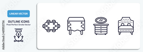 furniture & household outline icons set. furniture & household thin line icons pack included dining table, table linens, lowboy, headboard vector.