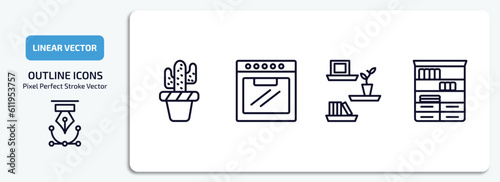 furniture and household outline icons set. furniture and household thin line icons pack included cactus, oven, wall shelves, bookshelf vector.