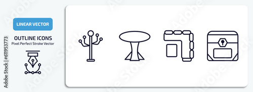 furniture & household outline icons set. furniture & household thin line icons pack included coat stand, table, corner sofa, chest vector.