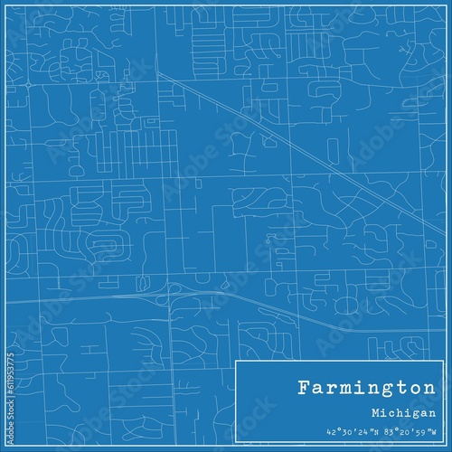 Blueprint US city map of Farmington, Michigan.