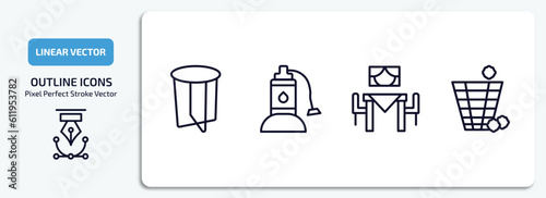 furniture & household outline icons set. furniture & household thin line icons pack included side table, sump pump, dining room, waste basket vector.