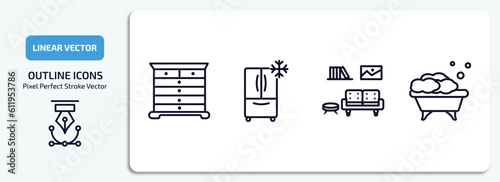 furniture and household outline icons set. furniture and household thin line icons pack included chest of drawers, refrigerator, livingroom, bath vector.