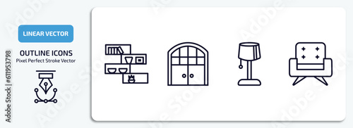 furniture & household outline icons set. furniture & household thin line icons pack included shelf, double door, bedroom lamp, fauteuil vector.