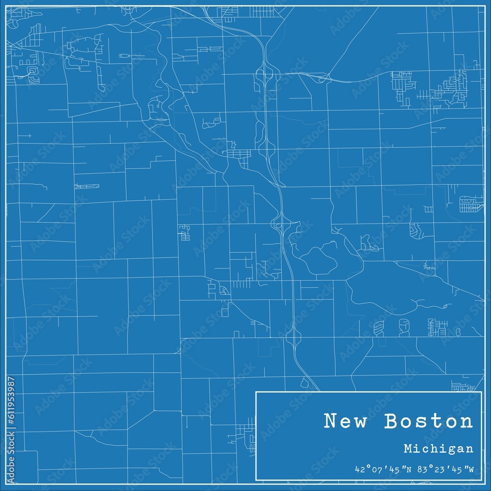 Blueprint US city map of New Boston, Michigan.