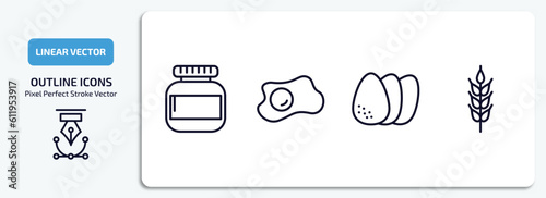 food outline icons set. food thin line icons pack included protein container, two eggs, eggs sillhouettes, ear of wheat vector.