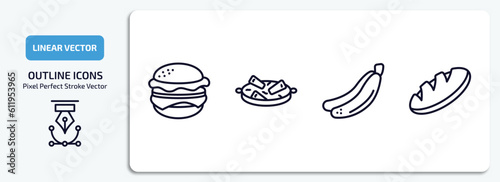 food outline icons set. food thin line icons pack included burguer, guotie, bananas, loaf of bread vector.