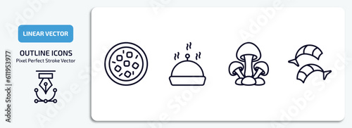 food outline icons set. food thin line icons pack included mapo tofu, serving dish, mushrooms, shrimps vector.