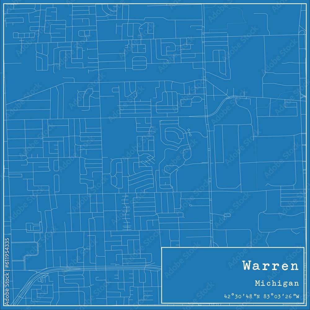 Blueprint US city map of Warren, Michigan.