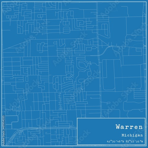 Blueprint US city map of Warren, Michigan.