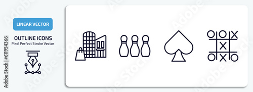 arcade outline icons set. arcade thin line icons pack included mall, bowling pins, ace of spades, tic tac toe vector.