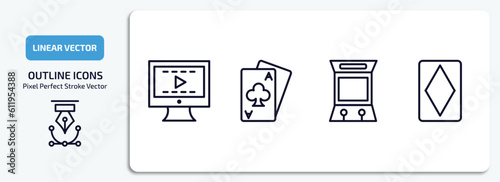 entertainment outline icons set. entertainment thin line icons pack included video editing, card game, arcade hine, diamond ace vector.