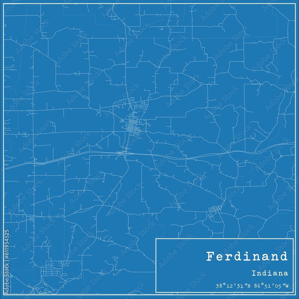 Blueprint US city map of Ferdinand, Indiana. - obrazy, fototapety, plakaty 