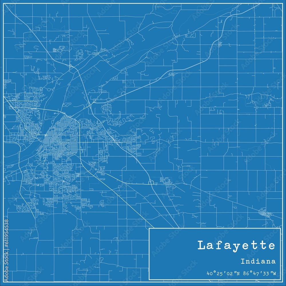 Blueprint US city map of Lafayette, Indiana.