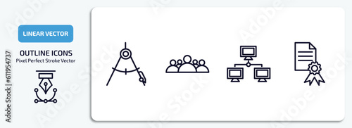 education outline icons set. education thin line icons pack included draw with compass, group of people, computer and network, sealed diploma vector. photo