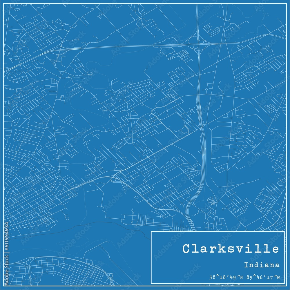 Blueprint US city map of Clarksville, Indiana.