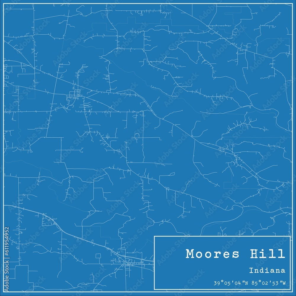 Blueprint US city map of Moores Hill, Indiana.