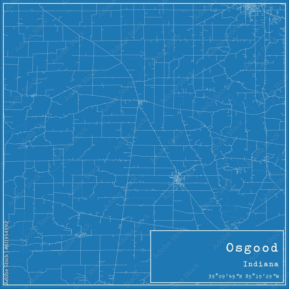 Blueprint US city map of Osgood, Indiana.