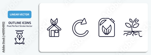 ecology outline icons set. ecology thin line icons pack included ecological house, reload arrows, biodiesel, plant and root vector.