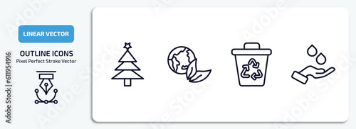 ecology outline icons set. ecology thin line icons pack included christmas trees, ecology, recycle bin, raindrop on a hand vector.