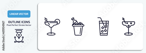 drinks outline icons set. drinks thin line icons pack included margarita, ice bucket and bottle, ice tea, last word drink vector.