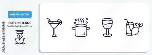 drinks outline icons set. drinks thin line icons pack included martinez, boiling, brandy glass, lemon juice vector.