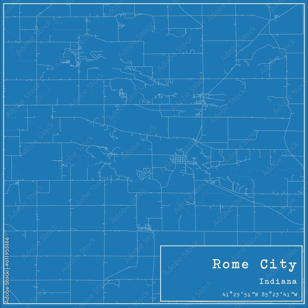 Blueprint US city map of Rome City, Indiana.