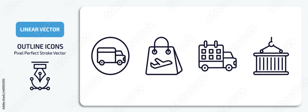 delivery and logistic outline icons set. delivery and logistic thin line icons pack included shipping, duty free, delivery schedule, container hanging vector. delivery and logistic outline icons set. delivery and logistic thin line icons pack included shipping, duty free, delivery schedule, container hanging vector.