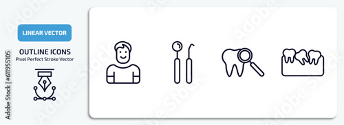dentist outline icons set. dentist thin line icons pack included healthy boy, dentist tools, check up, malocclusion vector.