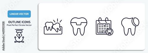 dentist outline icons set. dentist thin line icons pack included wisdom tooth, molar crown, dental appointment, tooth filling vector.