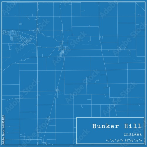 Blueprint US city map of Bunker Hill, Indiana.