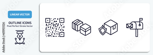 delivery and logistic outline icons set. delivery and logistic thin line icons pack included bar code, boxes, delivery shield, postbox vector.