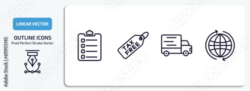 delivery and logistic outline icons set. delivery and logistic thin line icons pack included clipboard, tax free, transportation, worldwide vector.