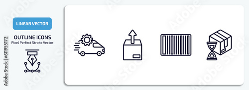 packing and delivery outline icons set. packing and delivery thin line icons pack included delivery tings, unpacking, barcode, wait time vector.