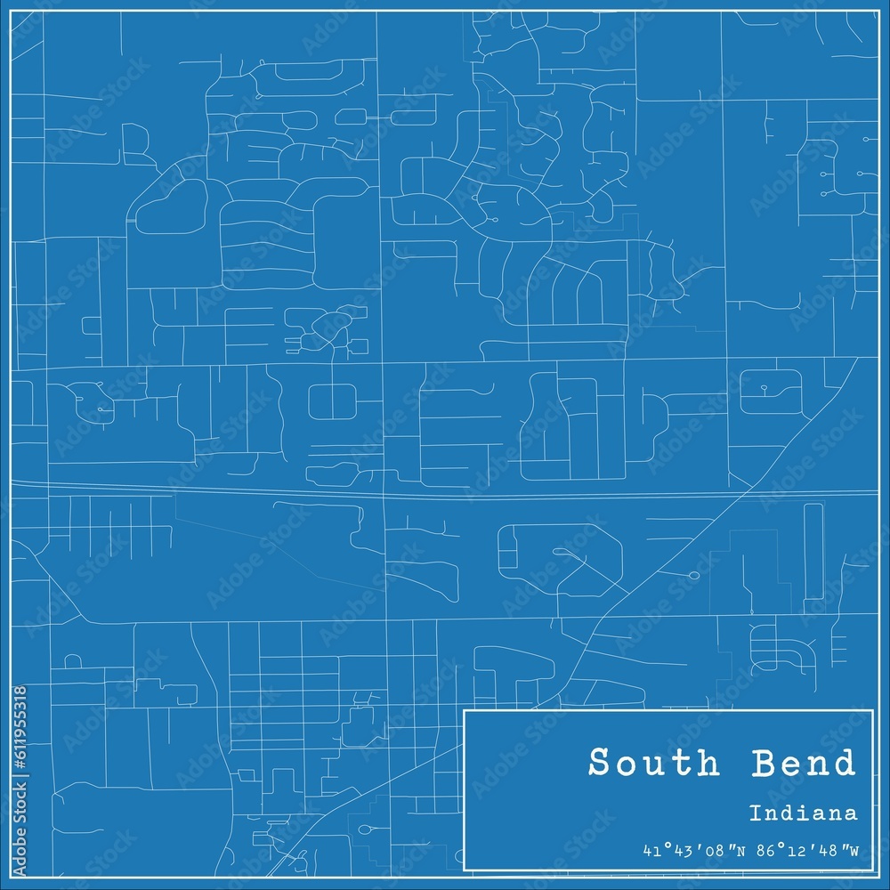 Blueprint US city map of South Bend, Indiana.