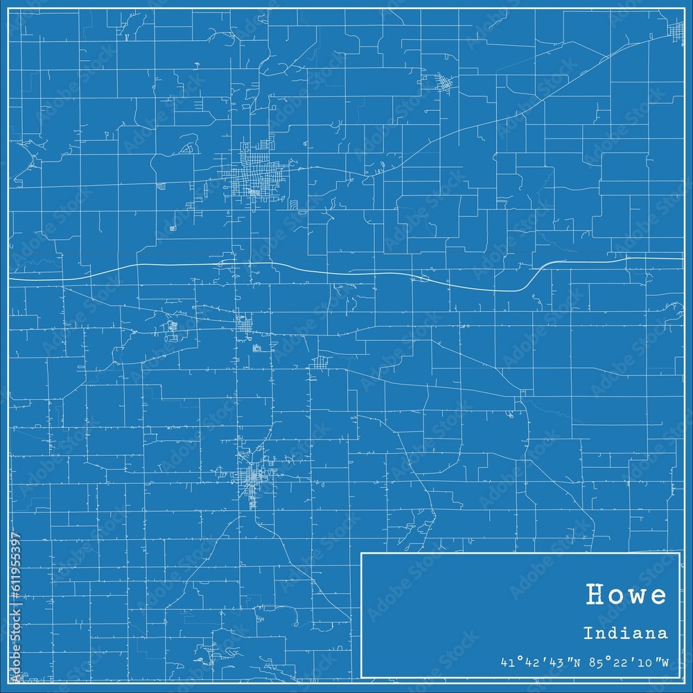 Blueprint US city map of Howe, Indiana.