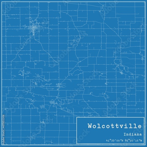 Blueprint US city map of Wolcottville  Indiana.