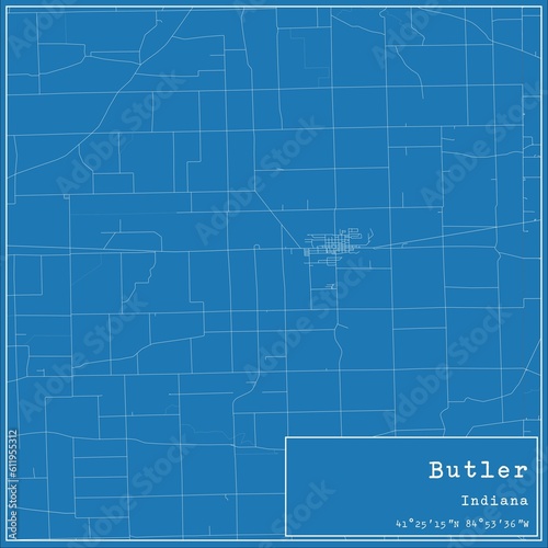 Blueprint US city map of Butler, Indiana.