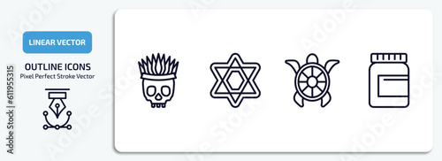 culture outline icons set. culture thin line icons pack included native american skull, david, surfing a sea turtle, vegemite vector. photo