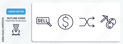 cryptocurrency outline icons set. cryptocurrency thin line icons pack included sell, dollar, random, mining vector.