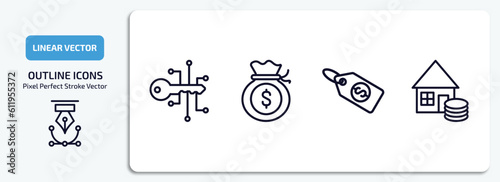 cryptocurrency outline icons set. cryptocurrency thin line icons pack included crypto key, income, dollar tag, as vector.