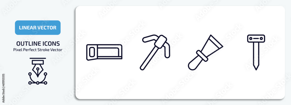 construction tools outline icons set. construction tools thin line icons pack included metal saw, gardening digger, scratcher tool, boning rod vector. construction tools outline icons set. construction tools thin line icons pack included metal saw, gardening digger, scratcher tool, boning rod vector.