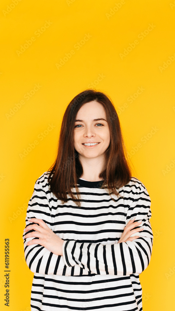 Vision Health Promotion: Positive and Stylish Woman Advocating for Ophthalmology Checkup - Eye Care Awareness Isolated on Vibrant Yellow Background. Vision Health Promotion: Positive and Stylish Woman Advocating for Ophthalmology Checkup - Eye Care Awareness Isolated on Vibrant Yellow Background.