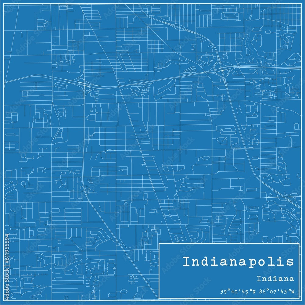 Blueprint US city map of Indianapolis, Indiana.